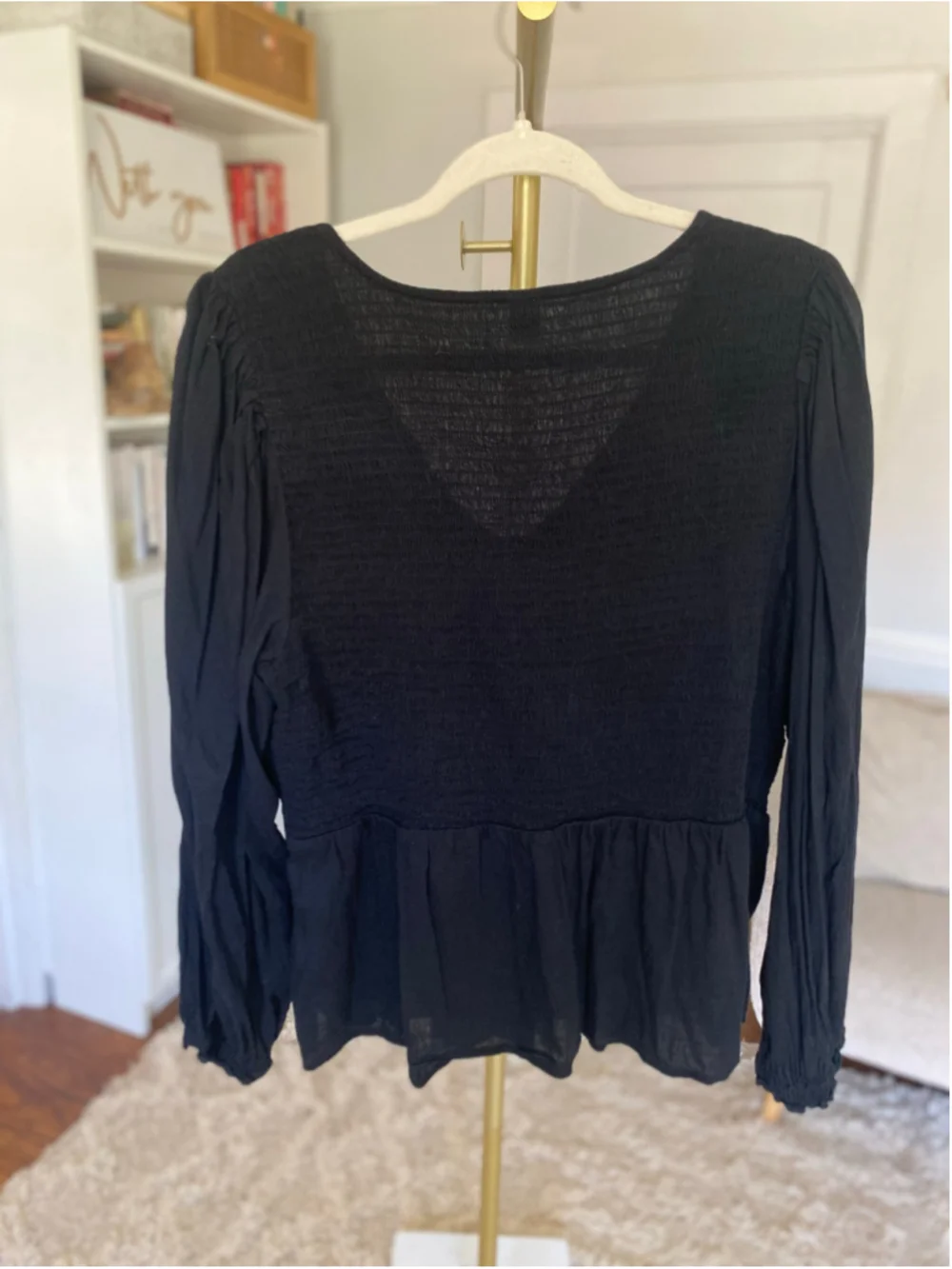 Old Navy Black Smocked Peplum Blouse Boho Parisian Scandi Coquette Feminine Chic